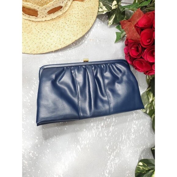 Vintage Blue Leather Clutch Handbag Evening Crossbody Mirror - Picture 3 of 4